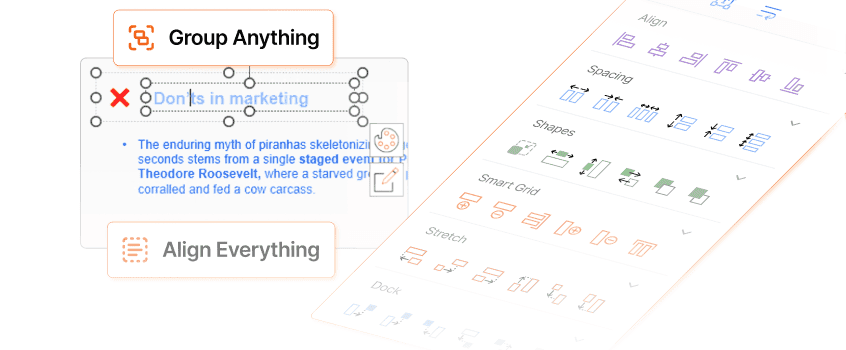 Utilities interface showing smart grid alignment and positioning tools